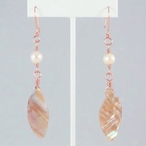 Pearl and Shell Earrings, Copper Wire, Handmade